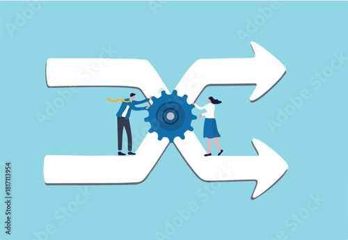 Change management, professional or expertise to manage company transformation or implement new process concept, business man staff team help turn gear cog to manage change direction arrows