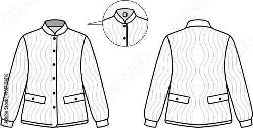 Technical fashion drawing of quilted jacket, vector illustration includes stand collar coat front back view, winter apparel flat sketch template, clothing design mockup with pockets