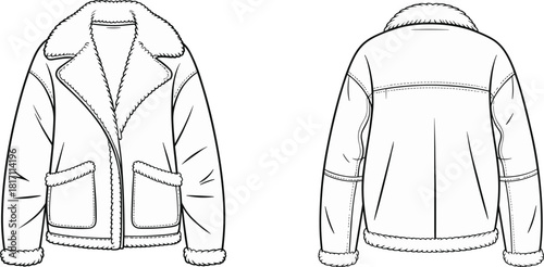 Technical fashion drawing of shearling jacket, vector illustration includes fur collar coat front back view, winter apparel flat sketch template, casual warm outerwear design mockup