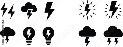 Vector collection of black silhouette icons featuring lightning bolts storm clouds and light bulbs representing electric power energy and weather symbols for graphic design.