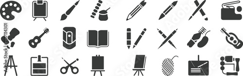 Vector icon set of art supplies including palette brushes pencils easels guitars books scissors and craft tools for creative hobbies education and graphic design projects.