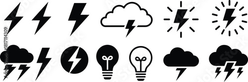 Vector icon set of electricity symbols including lightning bolts power plugs high voltage signs batteries and light bulbs for energy industry graphic design projects.