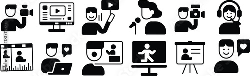 Vector icon set representing video production cameraman filming media player broadcasting customer support service social media interaction and business presentation