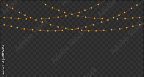 Three Strands of Warm Yellow String Lights Hanging on a Transparent Background Image