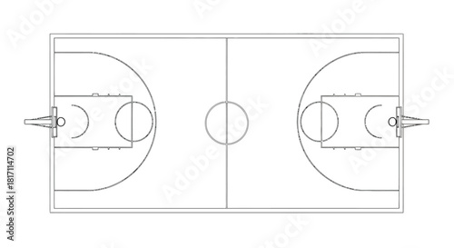 Top-down view of a standard basketball court with all markings and hoops clearly visible.