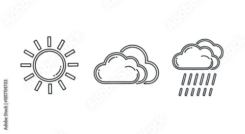 Line art weather icons showing sun, clouds, and rain for forecast and climate representation.