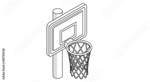 Isometric view of a basketball hoop with a net attached to a backboard and pole.