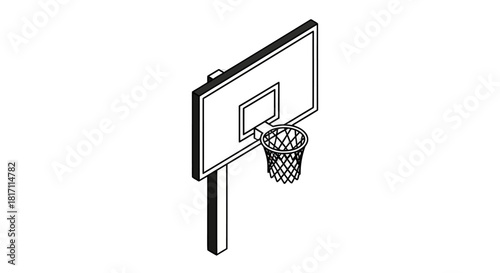 A simple black and white isometric line drawing of a basketball hoop, backboard, and net on a pole.