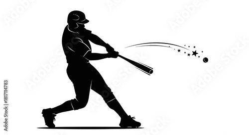 Silhouette of a baseball player swinging a bat at a baseball with a trail of stars behind it.