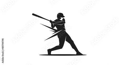 Dynamic black silhouette of a baseball player mid-swing, hitting a ball with energetic lines.