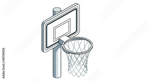 Isometric view of a basketball hoop with a net, backboard, and pole, isolated.