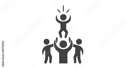 Teamwork celebration: People lifting another person in the air, celebrating success.