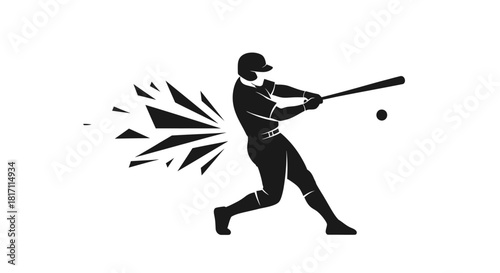 Silhouette of a baseball player swinging a bat with a dynamic shatter effect.