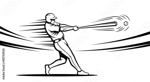 A dynamic black and white illustration of a baseball player swinging a bat at a ball in motion.
