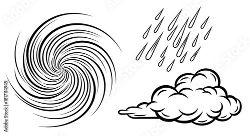 Black and white illustration depicting a swirling vortex, rain, and a fluffy cloud, representing weather elements.