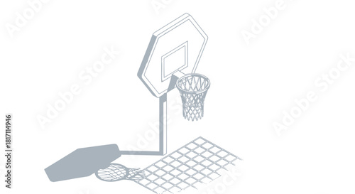 Isometric view of a basketball hoop with a net and a backboard, casting a shadow.