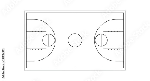 Overhead view of a basketball court diagram with lines and circles.