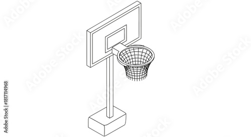 A detailed wireframe illustration of a basketball hoop and backboard on a stand.
