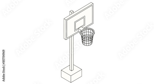 Isometric wireframe drawing of a basketball hoop with backboard, net, pole, and base.