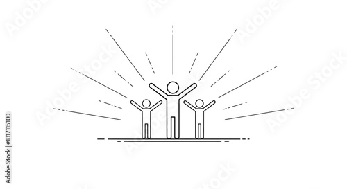 Minimalist line art of a leader and team celebrating success with arms raised high under radiating light.