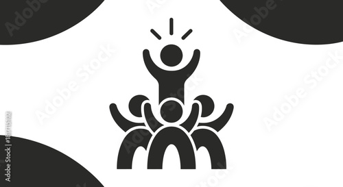 A stylized black and white graphic depicting a team lifting one person to success.