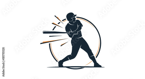A dynamic silhouette logo of a baseball player swinging a bat with motion lines, set against a circular background.