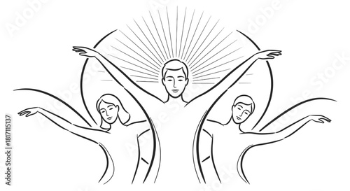 Illustration depicting three people with outstretched arms, radiating light, and a circular halo.