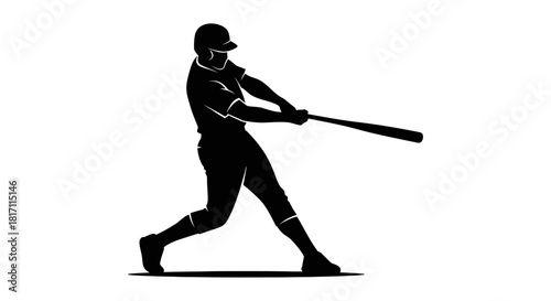 Black silhouette of a baseball player in mid-swing with a bat against a white background.