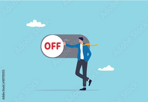 Switch off or turn off setting preference, analytics control panel or power shutdown electricity, saving energy and ecology concept, businessman pushing switch to be off in control panel dashboard.
