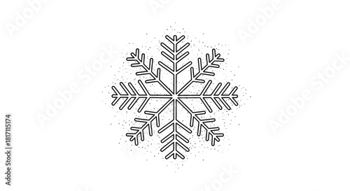 A detailed illustration of a symmetrical snowflake with intricate patterns and delicate details.