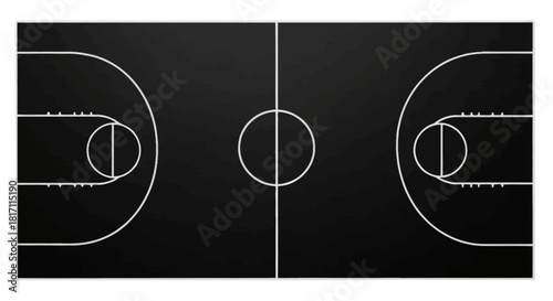 Overhead view of a basketball court with white lines on a black background.