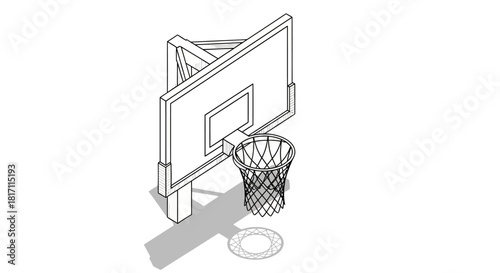Isometric black and white line drawing of a basketball hoop with backboard and net.