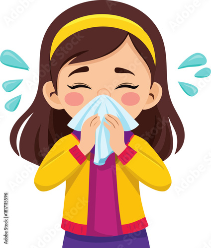 young girl blowing her nose