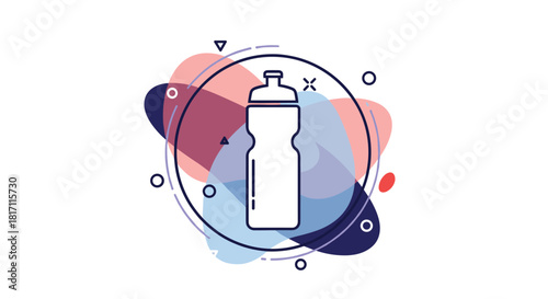 Modern line art icon of a reusable sports water bottle for hydration set against a colorful abstract background with geometric shapes.