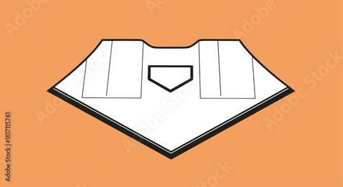 Minimalist black and white line drawing of a baseball home plate with batter's boxes on a vibrant solid orange background.