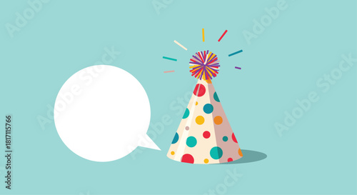 Festive polka-dot birthday party hat with a colorful pom-pom and a blank speech bubble for custom text on a light blue background.