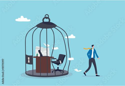 Break free, quit exhausted day job to start new business, escape for freedom, resign from toxic workplace or retirement concept, confidence businessman break free from toxic working desk bird cage. 
