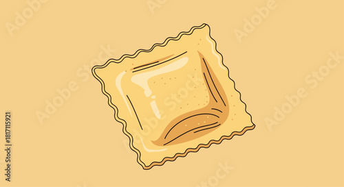 Hand-drawn style illustration of a single square ravioli pasta with crimped edges ready for cooking on a solid light brown background.