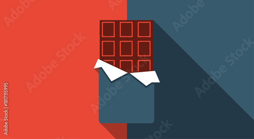 Flat design icon of a dark chocolate bar partially unwrapped from its packaging with a long shadow on a split color background.