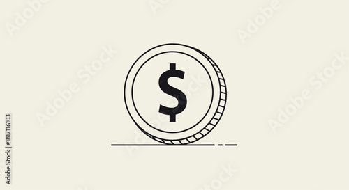 Minimalist line art icon of a single coin with a dollar sign representing money finance and currency on a light-colored background.