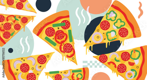 Fun and colorful pattern background of cheesy pizza slices with pepperoni and vegetable toppings on a modern abstract geometric design.