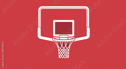 White silhouette icon of a professional basketball hoop net and backboard for sports and recreation on a solid red background.