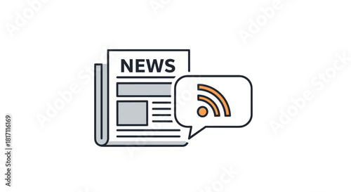 Modern line art icon of a newspaper with an RSS feed symbol representing online news updates subscriptions and digital media.
