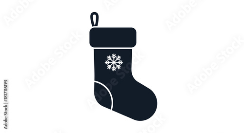 Simple black silhouette icon of a Christmas stocking decorated with a white snowflake hanging ready for holiday gifts and celebration.
