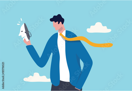 Imposter syndrome, hypocrisy, business dishonest or liar, fake, crime or fraudulent concept, depressed anonymous businessman holding smiling mask thinking about being or acting like another person.