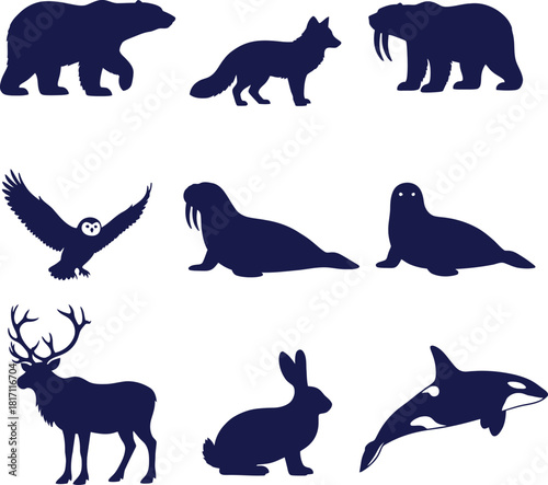 Arctic and Forest Animal Silhouettes on White Background Keywords: polar bear, fox, walrus, owl, seal, deer, rabbit, orca, wild