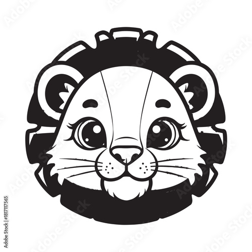 Playful cartoon lion face illustration with bold black and white styling for mascot design.