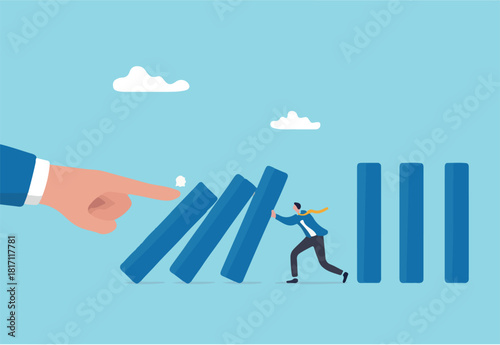 Risk management, control danger, lost or damage from crisis or accident, management and investment strategy, assessment level concept, businessman stop risk of domino 