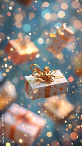 Festive Gift Boxes Floating with Golden Bows and Bokeh Lights present flying photo
