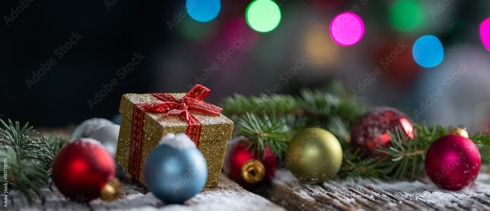 Fototapeta premium christmas card with baubles and holiday lights